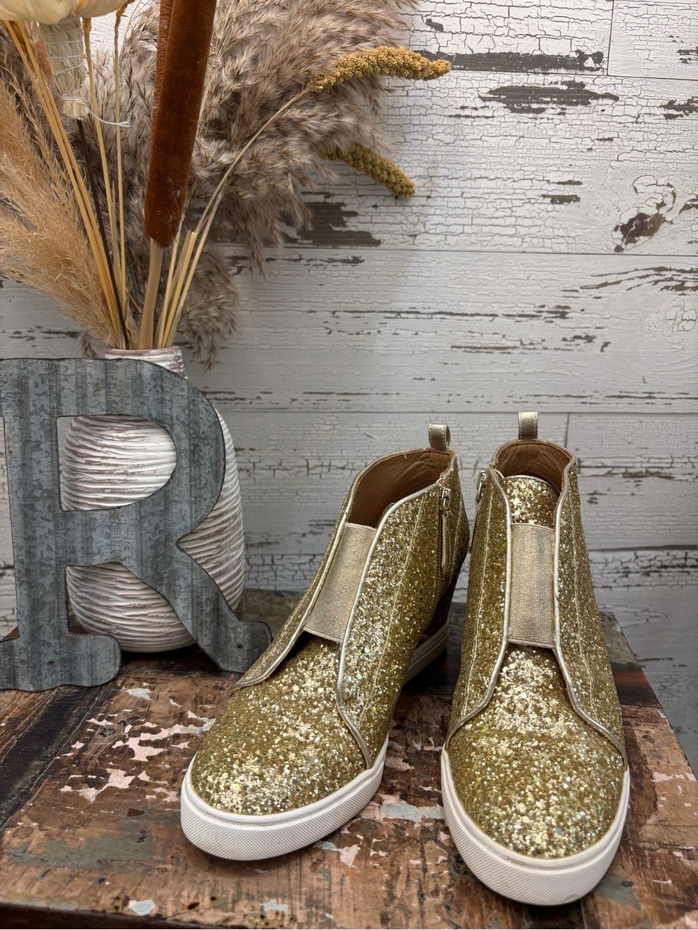Paolo Gold Glitter Ankle Booties Slip-On Wedge Sneakers